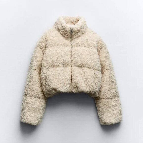 NWT ZARA CROPPED FAUX SHEARLING PUFFER JACKET ECRU - Picture 6 of 6